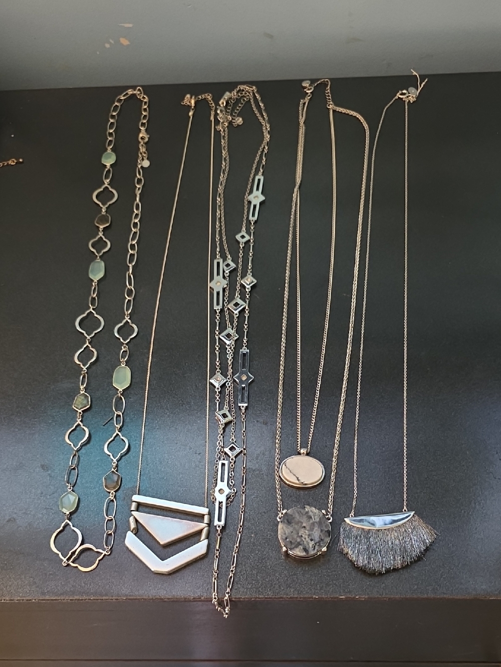 Silver-Tone Layered Pendant Necklace Set with Gray and Pale Green Accents